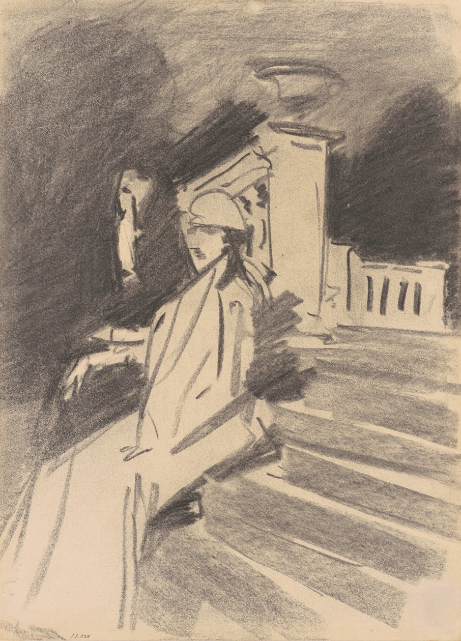 Suihkulähteen äärellä, Villa Torlonia, Frascati, noin 1907 (hiili vohvelipaperille). tekijältä John Singer Sargent