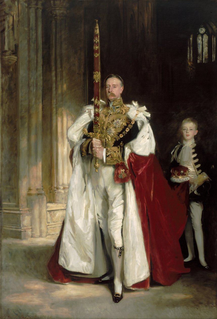 Charles Stewart, Londonderryn kuudes markiisi, kantamassa suurta valtakunnanmiekkaa kuningas Edvard VII:n kruunajaisissa elokuussa 1902, sekä herra W. C. Beaumont, hänen paašinsa tuossa tilaisuudessa tekijältä John Singer Sargent