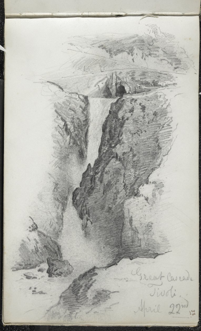 Great Cascade, Tivoli, Italia, 22. huhtikuuta 1869 (grafiitti luonnonvalkoiselle kudospaperille) tekijältä John Singer Sargent