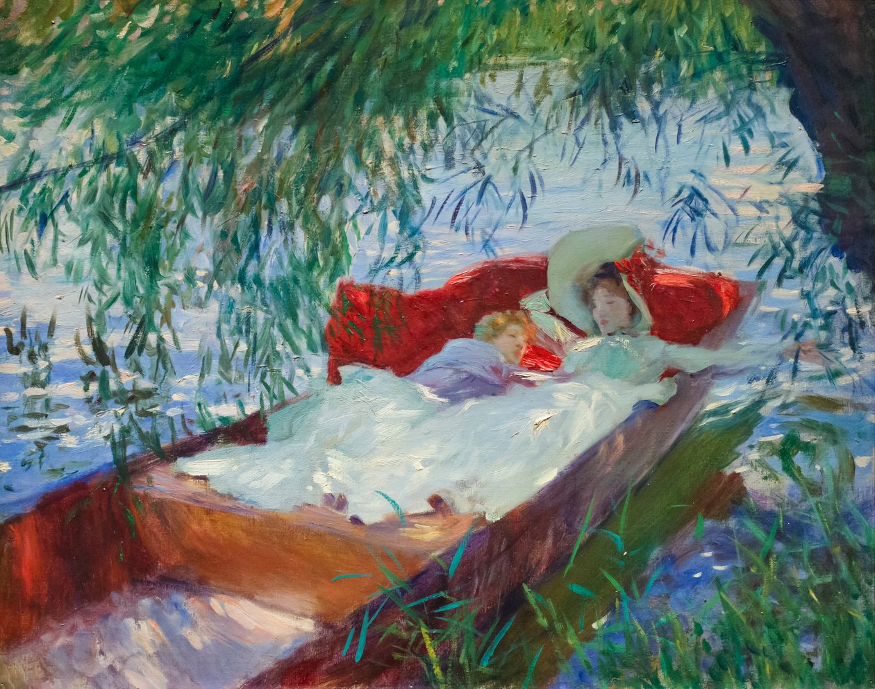 Nainen ja lapsi nukkumassa pajun alla olevassa puntissa pajun alla tekijältä John Singer Sargent