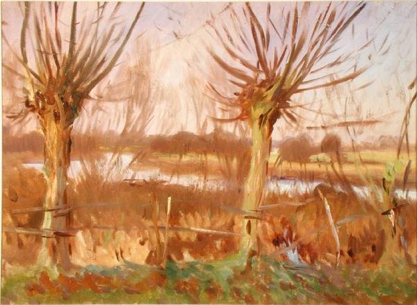Maisema puiden kanssa, Calcot-on-the-Thames, n. 1888 (öljy kankaalle) tekijältä John Singer Sargent