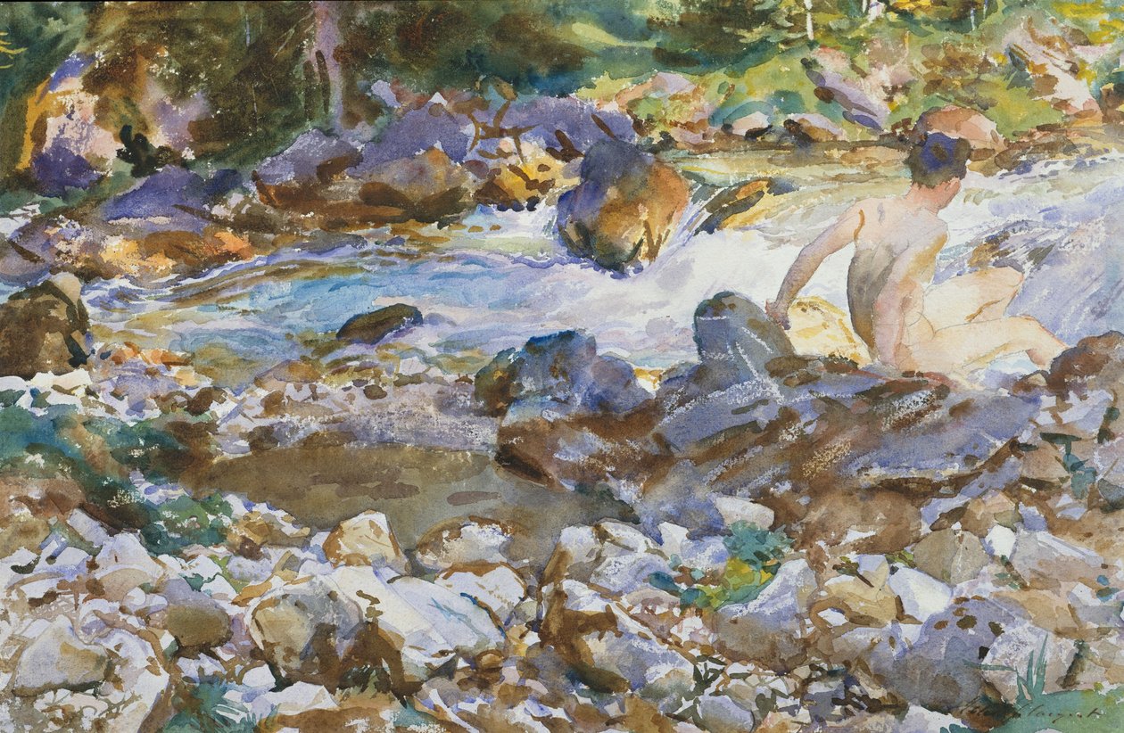 Vuoristopuro, n.1912-14 (Akvarelli ja grafiitti luonnonvalkoiselle paperiarkille) tekijältä John Singer Sargent