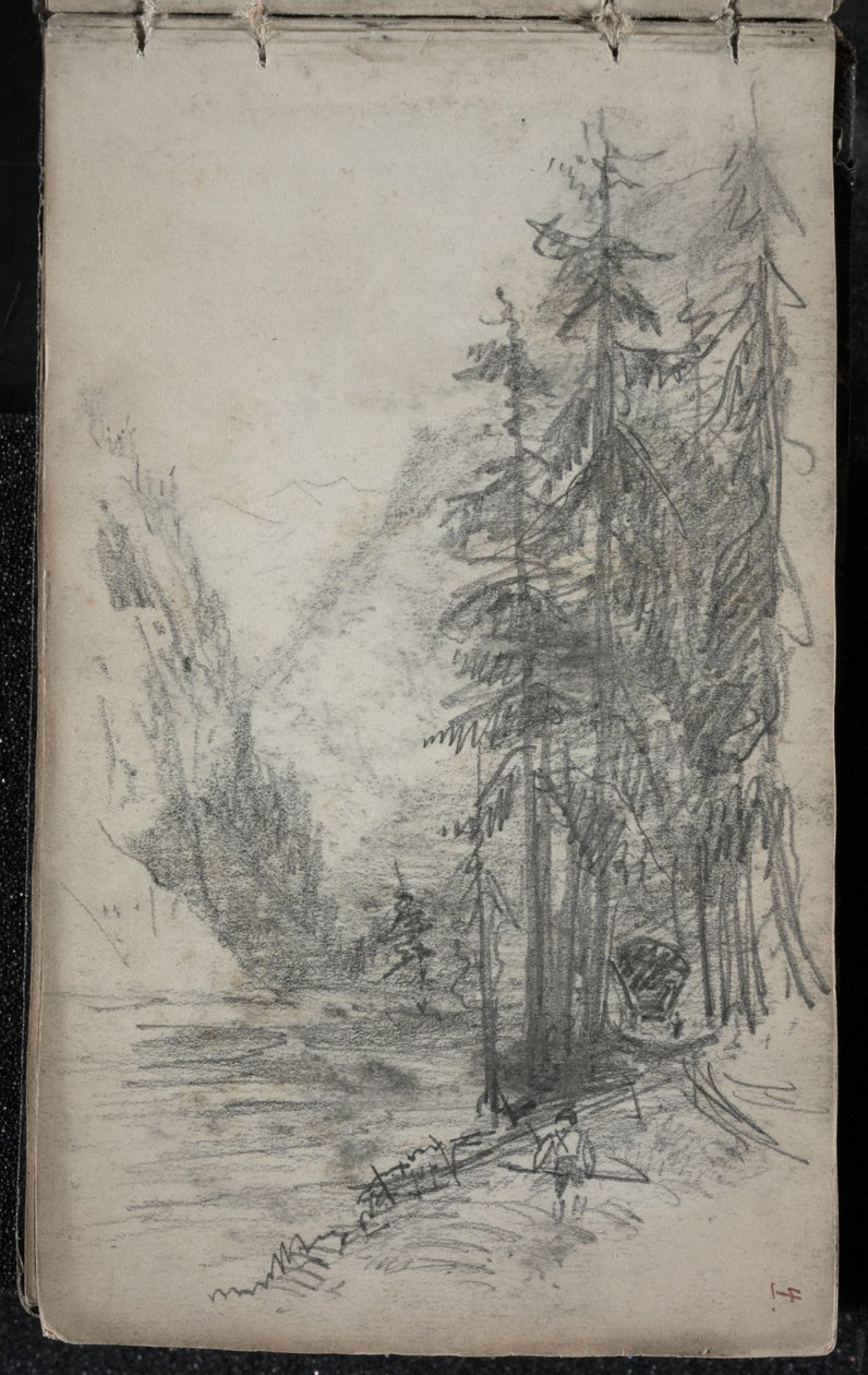 Vuoristomaisema puilla, 1871-72 (grafiitti tummennetulla luonnonvalkoisella kudospaperilla) tekijältä John Singer Sargent