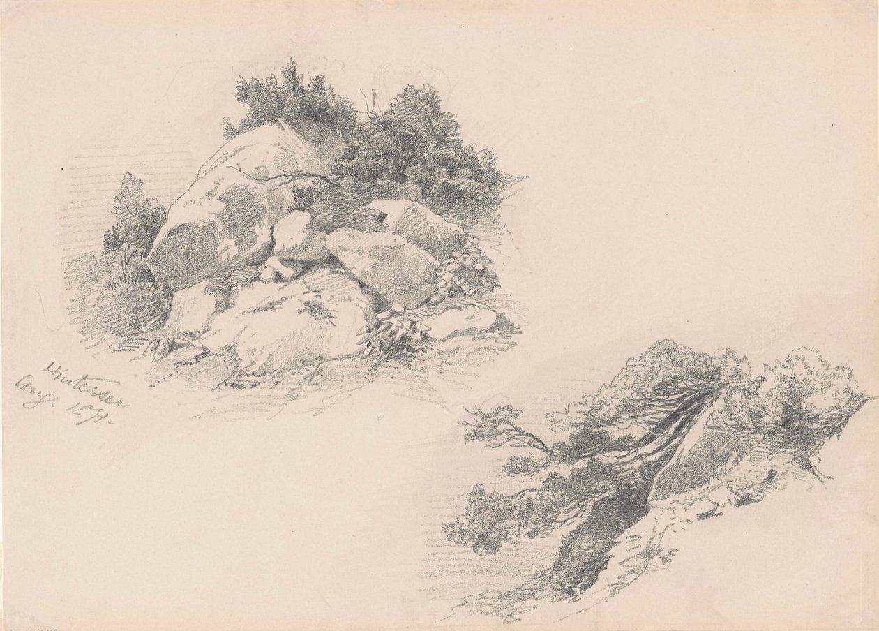 Rocks and Brush, Hintersee, Saksa, 1871 (grafiitti wover-paperille) tekijältä John Singer Sargent