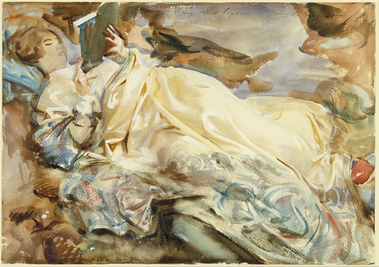 Rose-Marie Ormond lukemassa kashmirhuivi yllään tekijältä John Singer Sargent