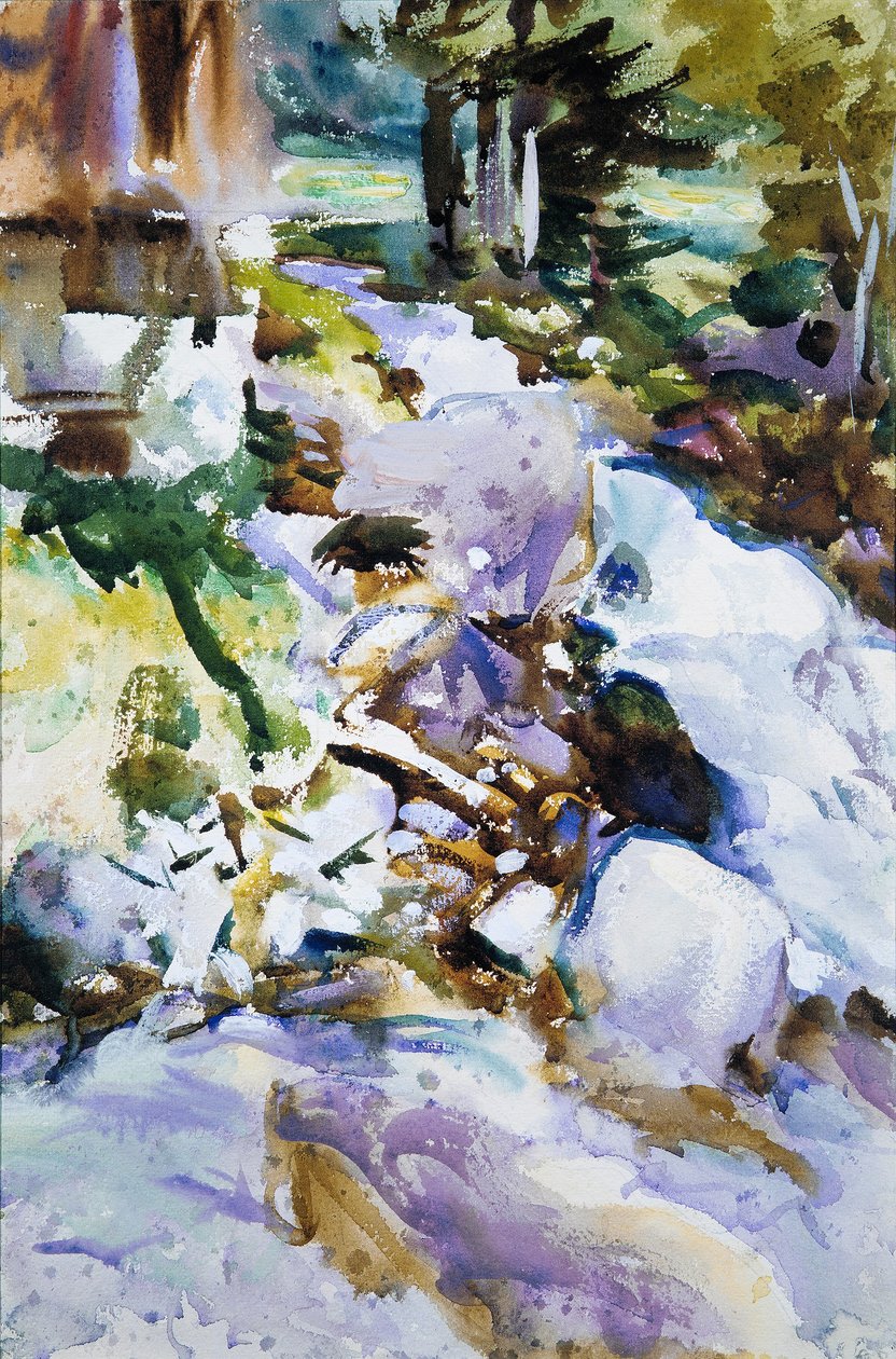 Rushing Brook, noin 1904-11 (wc, guassi ja grafiitti luonnonvalkoiselle paperiarkille). tekijältä John Singer Sargent