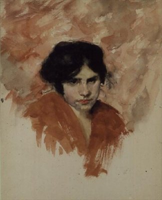 Luonnos naisen päästä ja hartioista (akvarelli paperille) tekijältä John Singer Sargent