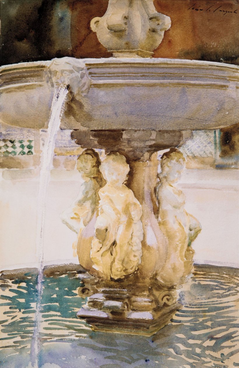 Espanjalainen suihkulähde, 1912 (wc ja grafiitti valkoiselle vellapaperille) tekijältä John Singer Sargent