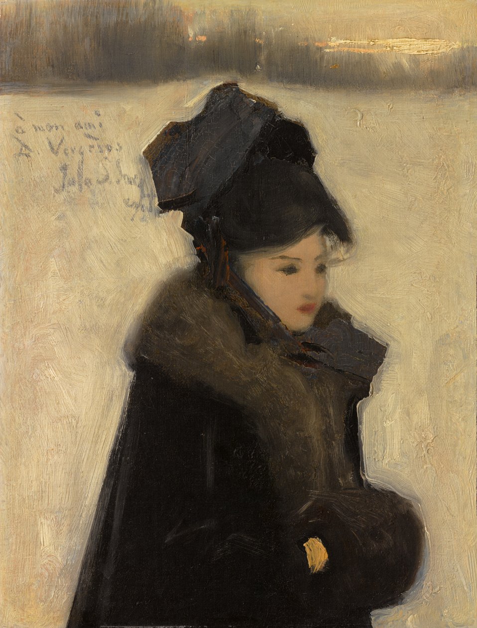 Nainen turkisten kanssa, noin 1880-85 (öljy kankaalle). tekijältä John Singer Sargent