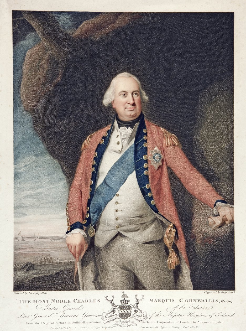 Jaloin Charles Marquis Cornwallis, pubi. 1798 (värinen kaiverrus) tekijältä John Singleton (after) Copley