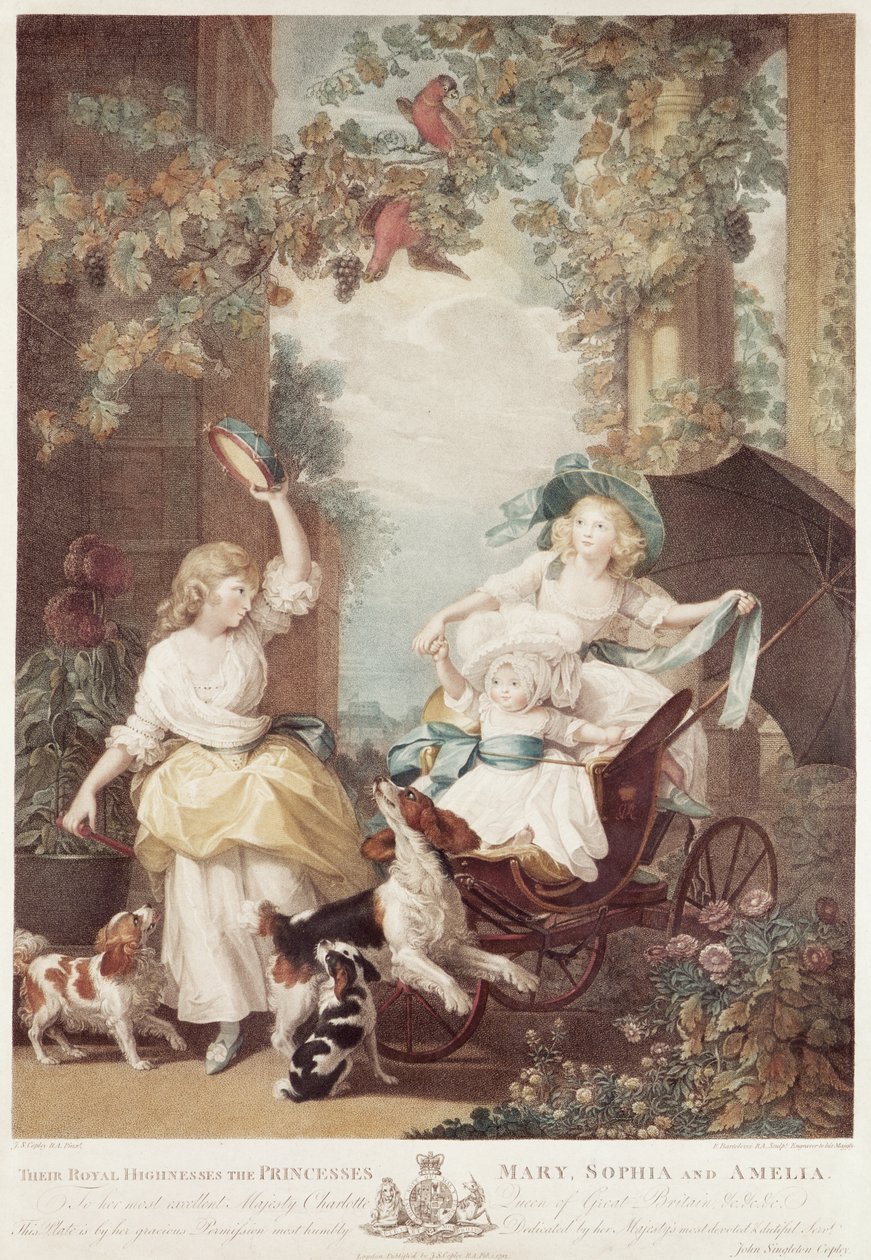 Yrjö III:n tyttäret prinsessat Maria (1776-1857), Sophia (1777-1848) ja Amelia (1783-1810), Francesco Bartolozzin (1727-1815) kaiverrus (kaiverrus). tekijältä John Singleton Copley