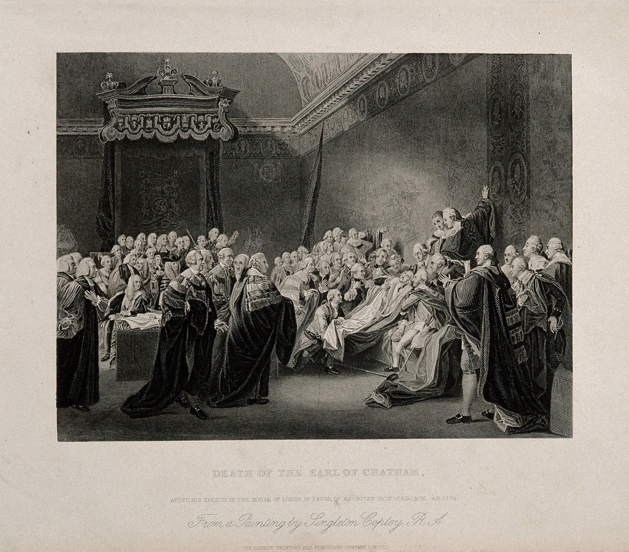 William Pittin, Lord Chathamin, kuolema Westminsterin palatsin ylähuoneessa vuonna 1778. J. Copleyn teoksen pohjalta tehty kaiverrus, 1779. tekijältä John Singleton Copley