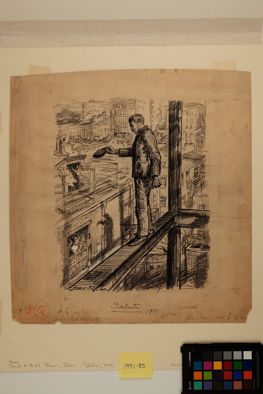 Tervehdys, n. 1911 (mustetta, hiiltä ja sinkkivalkoista maalia paperille) tekijältä John French Sloan