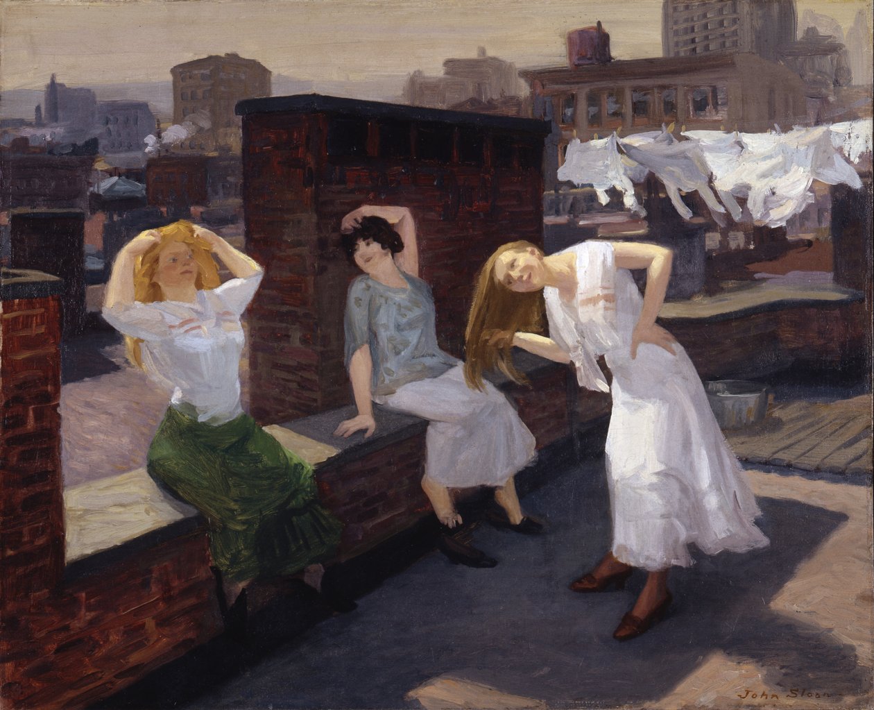 Sunnuntai, naiset kuivaamassa hiuksiaan tekijältä John French Sloan