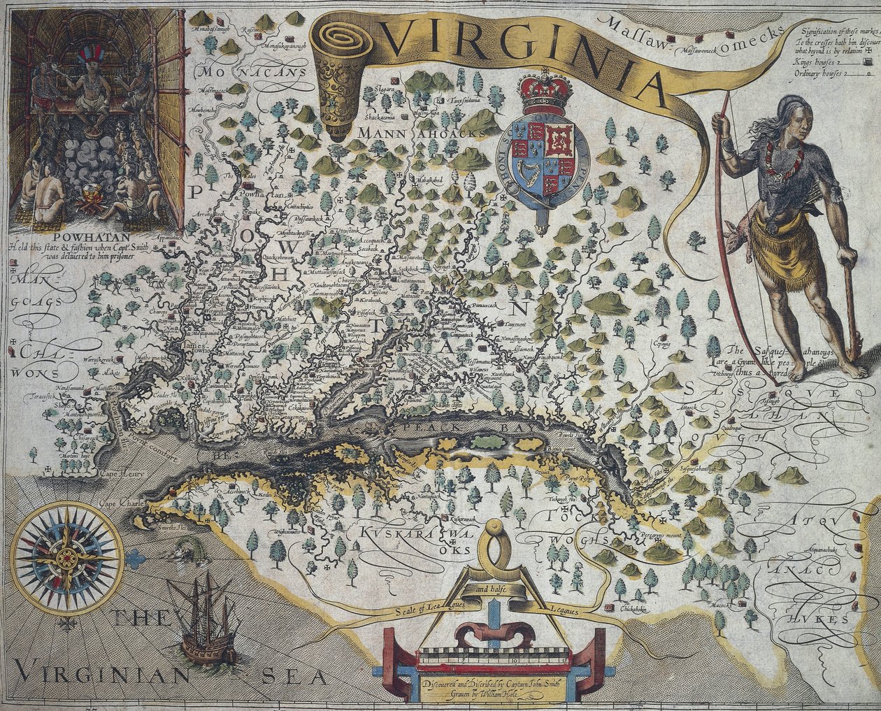 Mapa da Virgínia: inserção (canto superior esquerdo) mostrando o interior da cabana do chefe indígena Powhatan, por John Smith (1580-1631) finlandês tekijältä John Smith