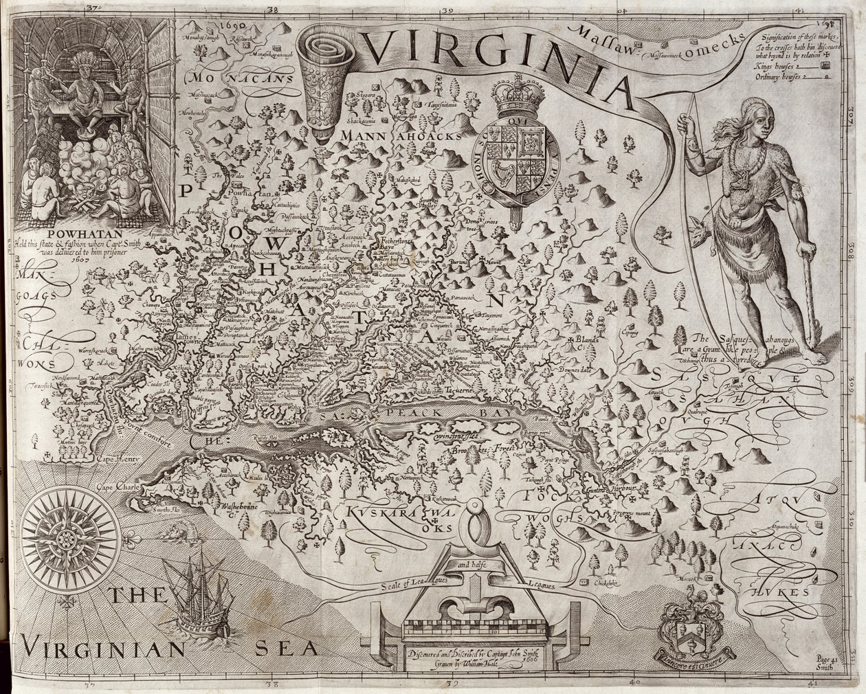 Virginian kartta, jonka kapteeni John Smith löysi ja kuvasi vuonna 1606, kaiverrettu William Hole (1607-24), julkaistu 1612 (ks. myös 174212). tekijältä John Smith 2