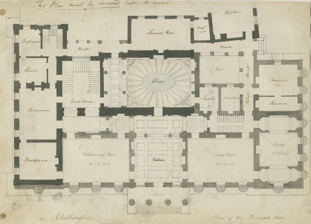 Chillington Hall: kynä- ja lyijykynäpiirustus, nd [1789] tekijältä John Soane