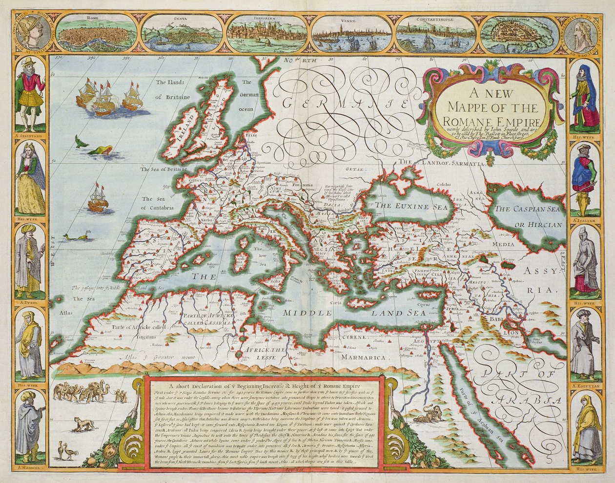 Uusi kartta Rooman valtakunnasta, "A Prospect of the Most Famous Parts of the World", pub. kirjoittanut Bassett und Chiswell, 1676 (käsinvärinen levykaiverrus) tekijältä John Speed