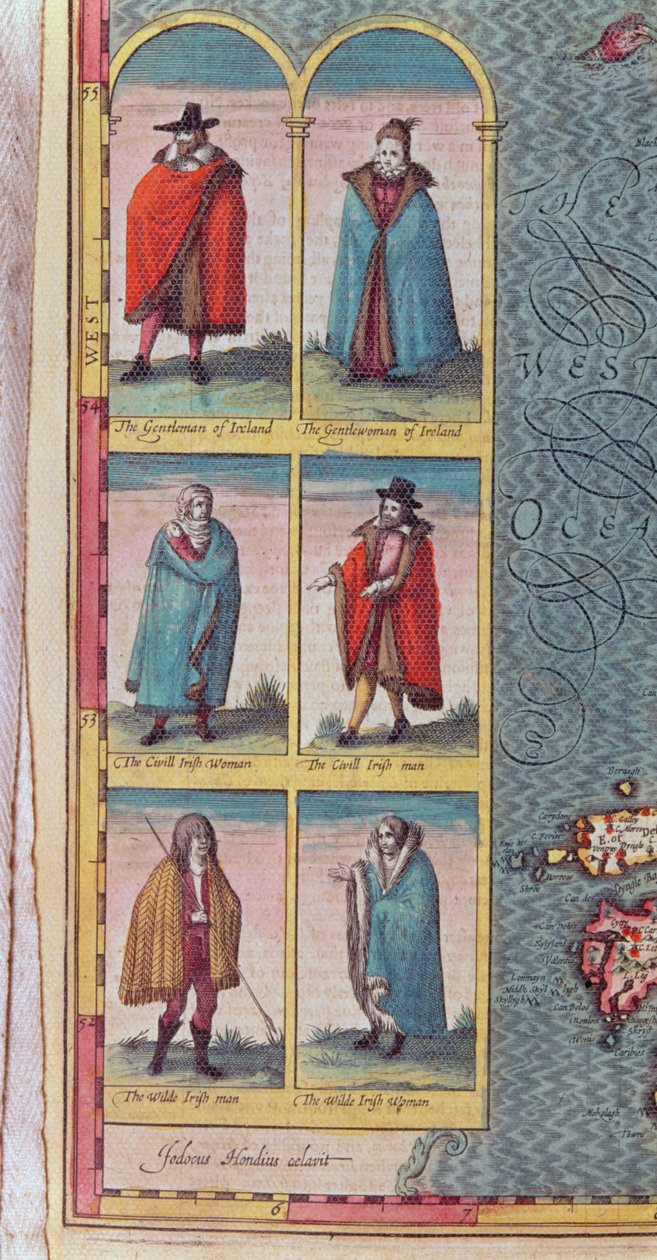 Irlantilaisia "tyyppejä", yksityiskohta teoksesta The Kingdom of Ireland, kaiverrettu Jodocus Hondiuksen (1563-1612) teoksesta The Theatre of the Empire of Great Britain, julkaisija John Sudbury ja George Humble, 1610 (värillinen en tekijältä John Speed