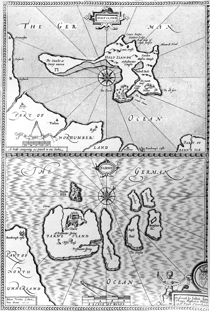 Kartat Holy Islandista ja Farne Islandista Northumberlandista, John Speedin teoksesta Theatre of the Empire of Great Britain, 1676 tekijältä John Speed