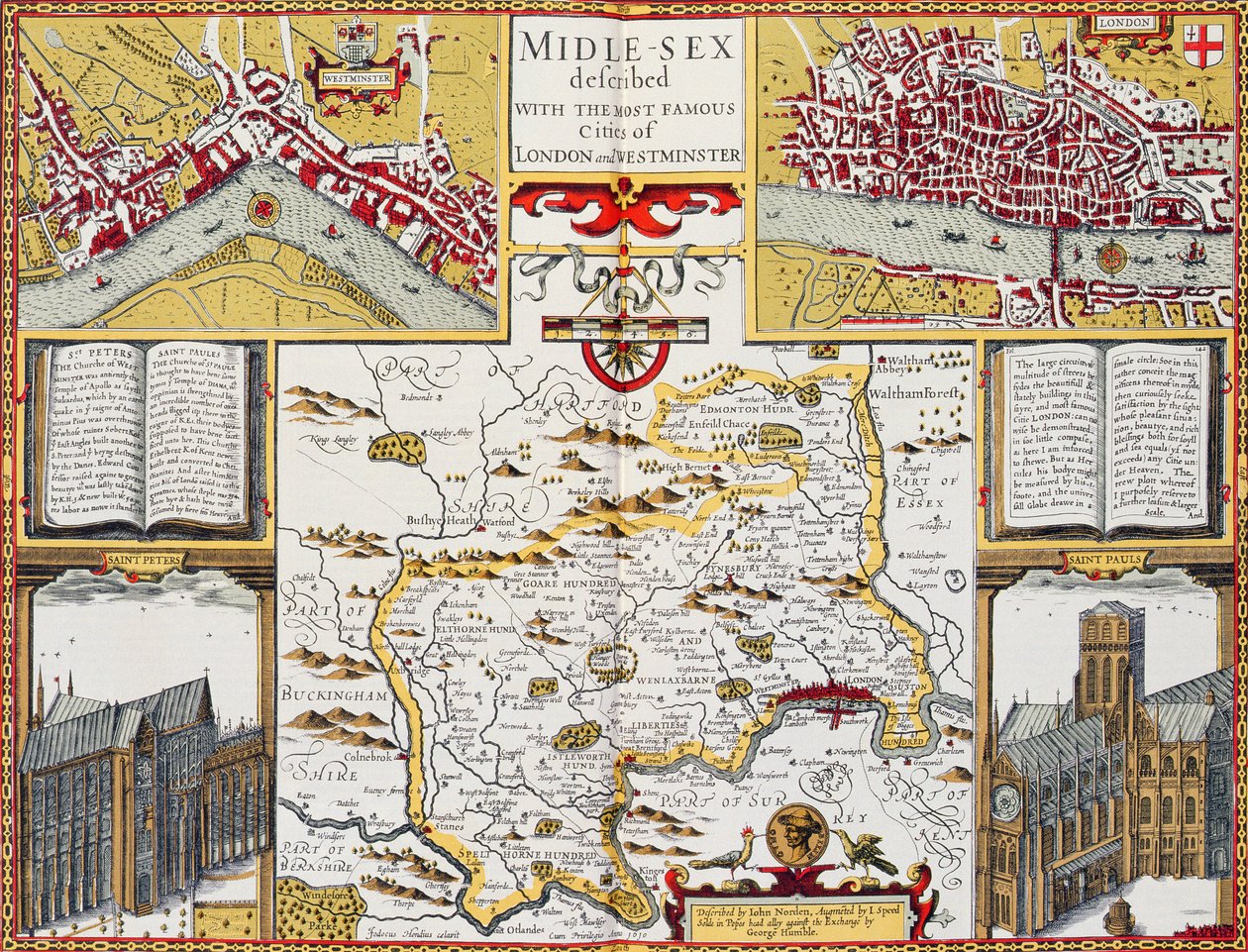 Keski-sukupuolta on kuvattu tunnetuimpien Lontoon ja Westminsterin kaupunkien kanssa, Speedin "Theatre of the Empire of Great Britain", 1611-12 (käsinvärinen kuparikaiverrus) tekijältä John Speed