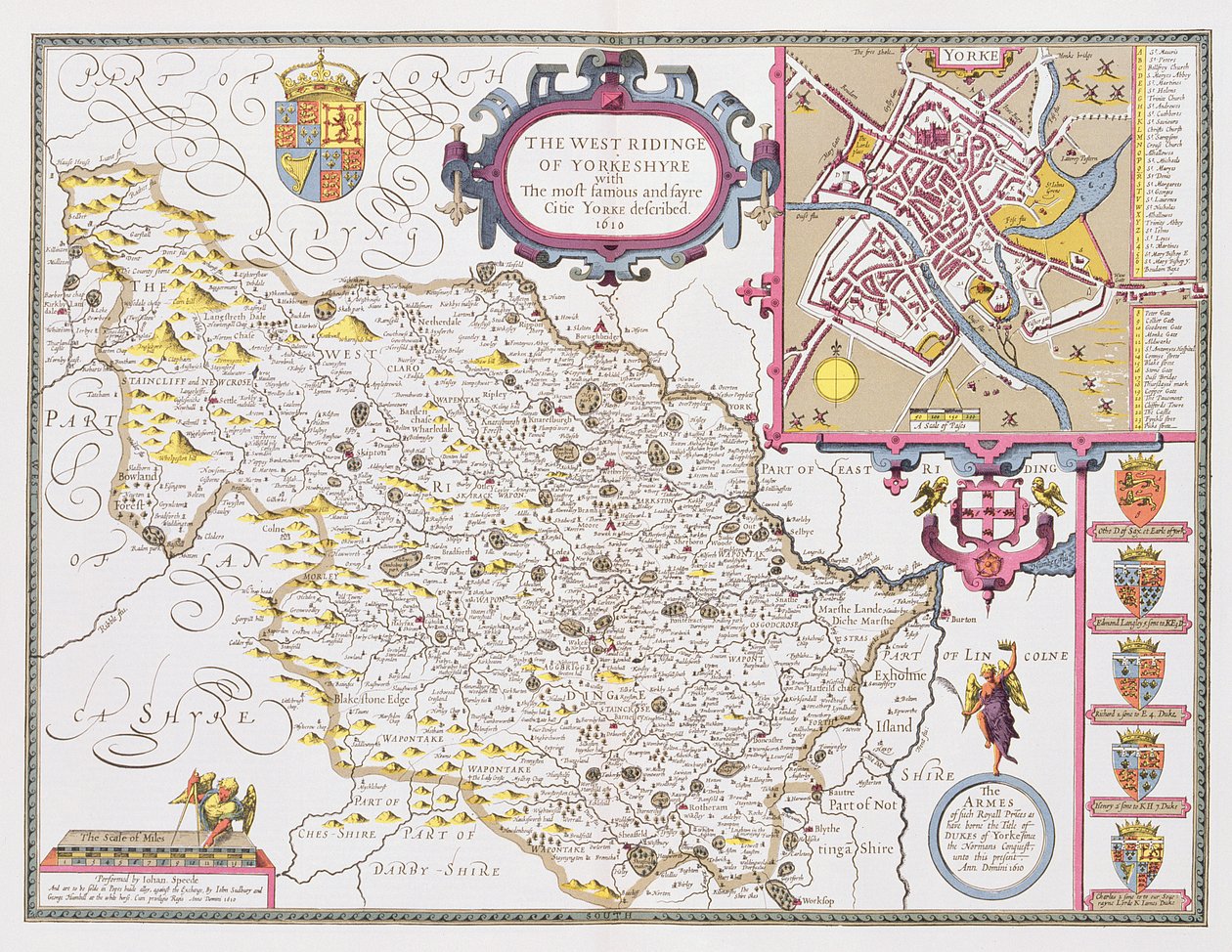 Yorkeshyren läntinen ratsastus, Jodocus Hondiuksen (1563-1612) kaiverrus John Speedin teoksesta Theatre of the Empire of Great Britain, 1611-12 (käsinvärinen kuparikaiverrus) tekijältä John Speed