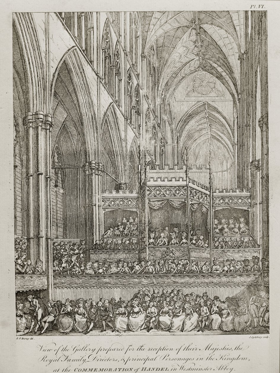 konsertti George Frederick Händelin (1685-1759) kuoleman 25-vuotispäivän muistoksi - Näkymä galleriasta, joka on valmistettu heidän Majesteettiensa kuninkaallisen perheen vastaanottoa varten tekijältä John Spilsbury