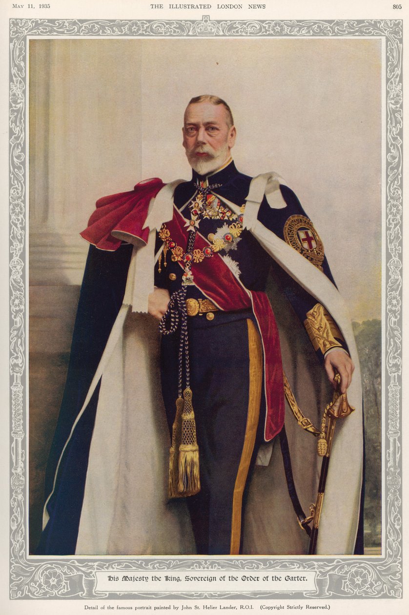 Kuningas Yrjö V (1865-1936) Sukkanauhan ritarikunnan hallitsija, "The Illustrated London News", 11. toukokuuta 1935 tekijältä John St. Helier Lander