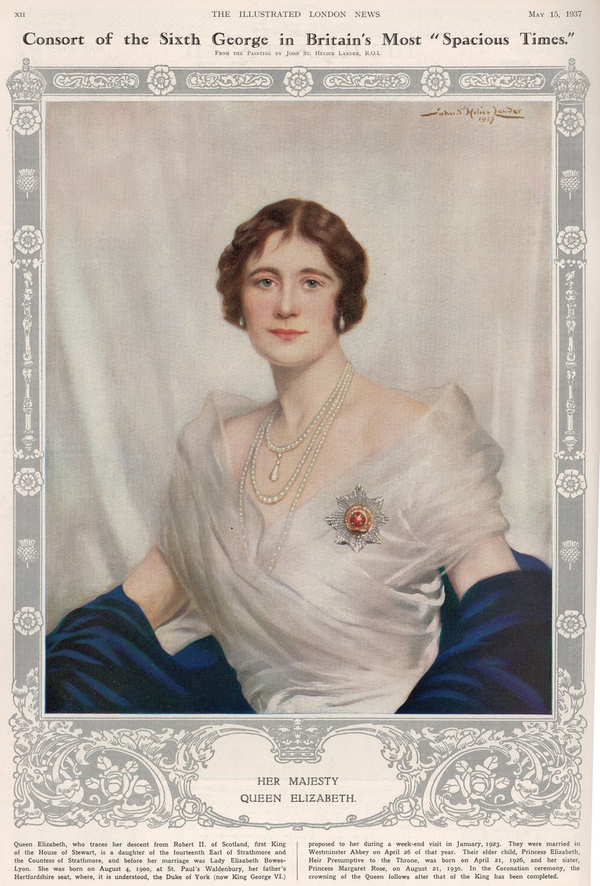 Muotokuva kuningatar Elisabetista (1900-2002) The Illustrated London Newsista, 15. toukokuuta 1937 tekijältä John St. Helier Lander