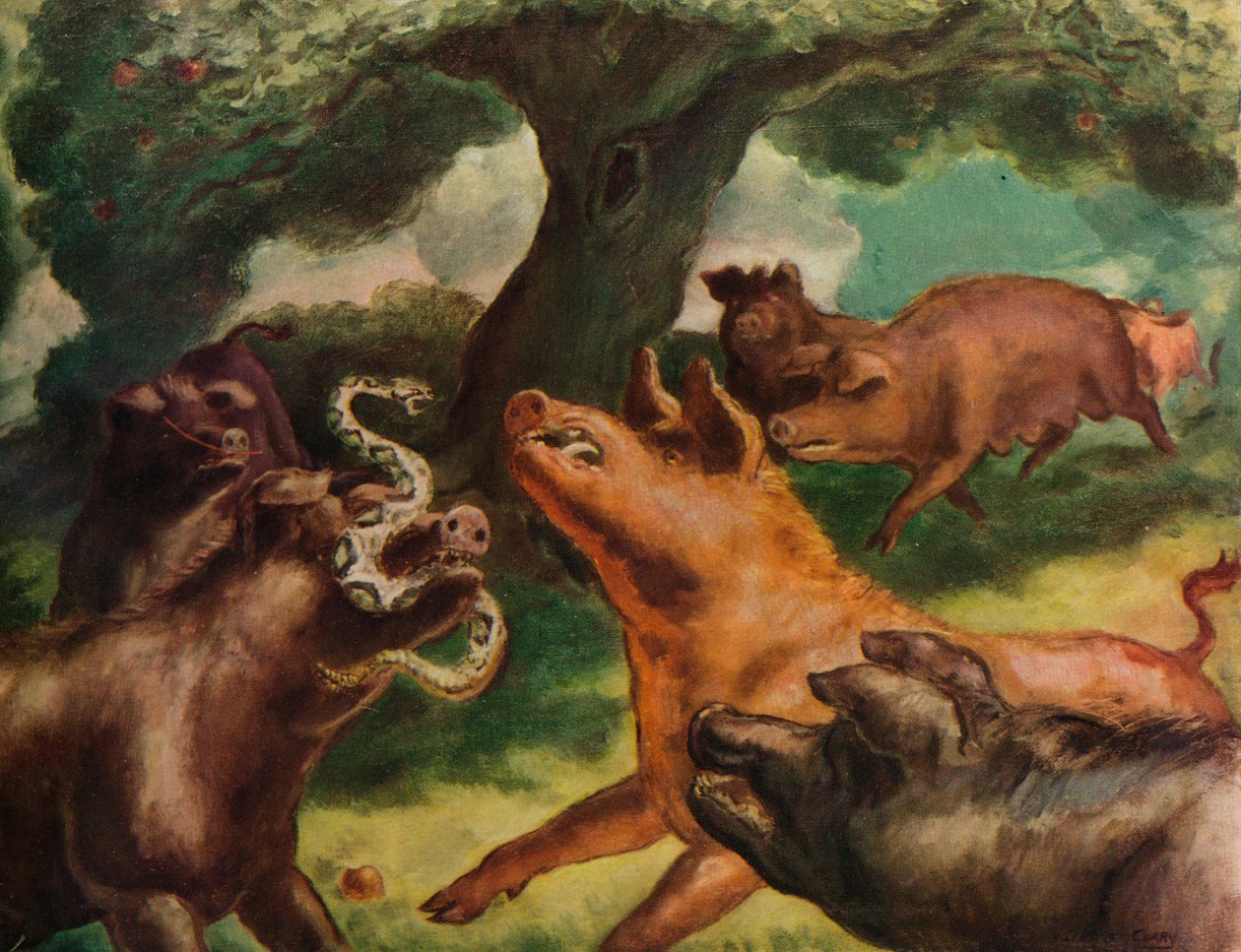 "Hogs Killing a Rattlesnake", 1930 tekijältä John Steuart Curry