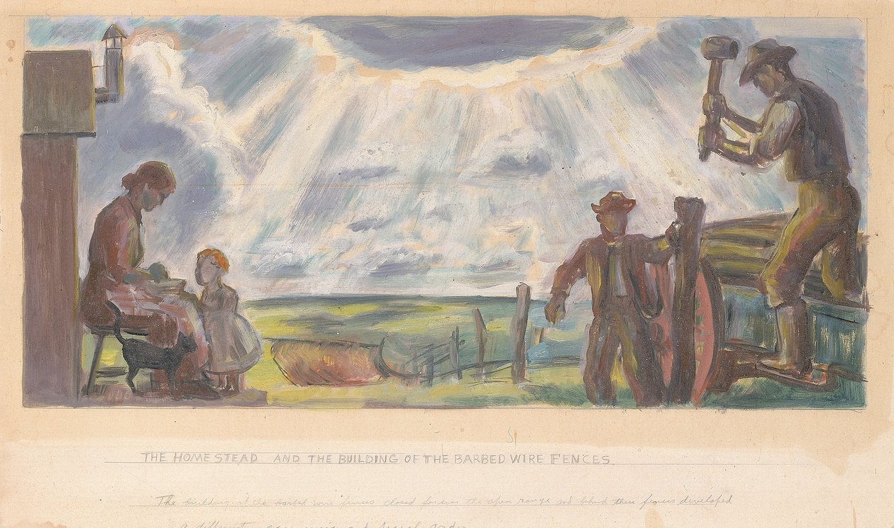 The Homestead and the Building of the Barbed Wire Aids (seinämaalaustutkimus sisätilojen rakennusta varten, General Land Office, Washington, D.C.). tekijältä John Steuart Curry