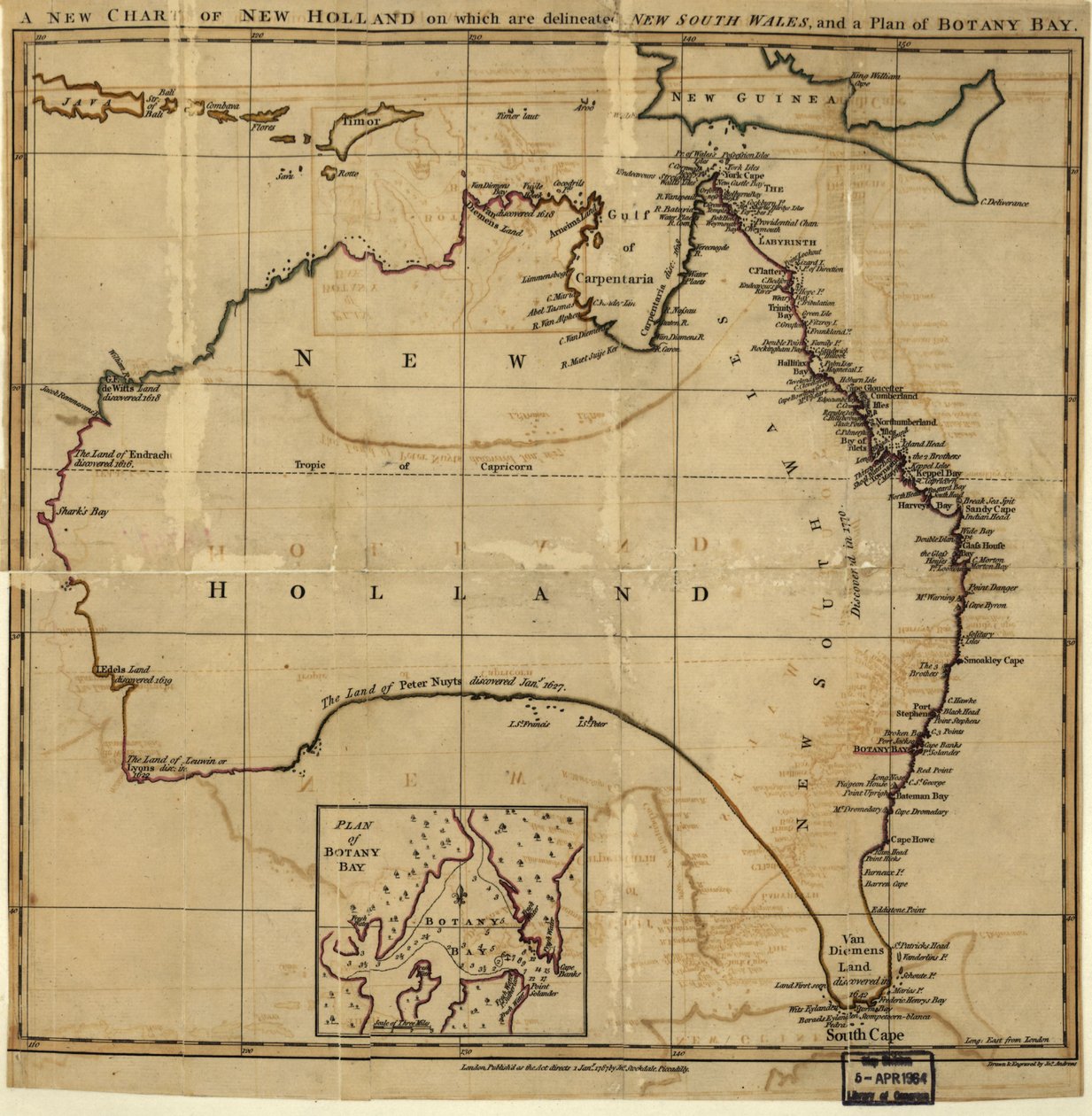Uusi Uuden-Hollannin kartta, johon on merkitty New South Wale ja Botany Bayn suunnitelma. LOC 00556400 tekijältä John Stockdale