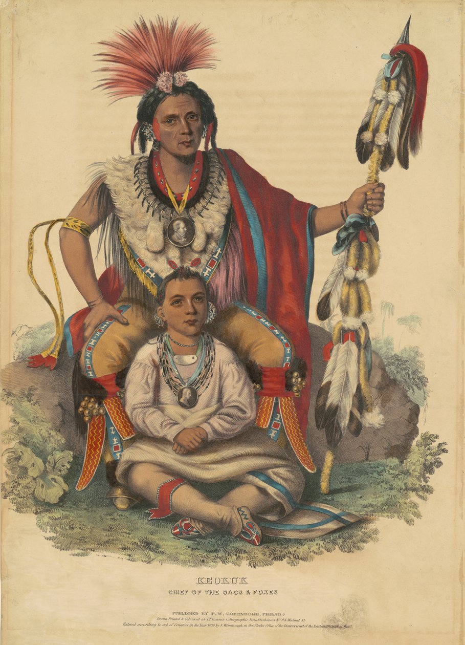 Keokuk, säkkien ja kettujen päällikkö, 1838 (käsinvärinen litografia kudottupaperille) tekijältä John T. Bowen