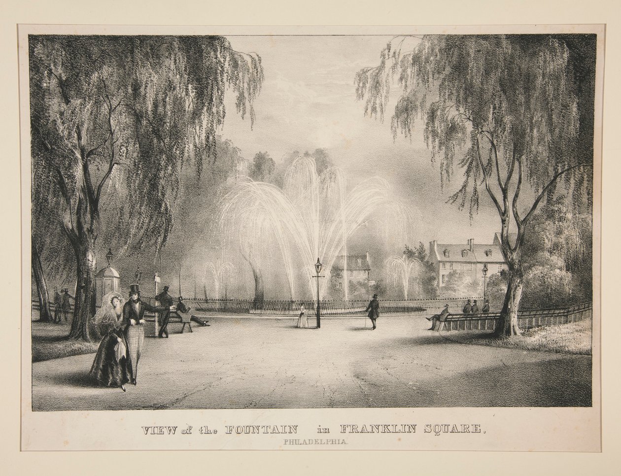 Näkymä suihkulähteelle Franklin Squarella, Philadelphiassa tekijältä John T. Bowen