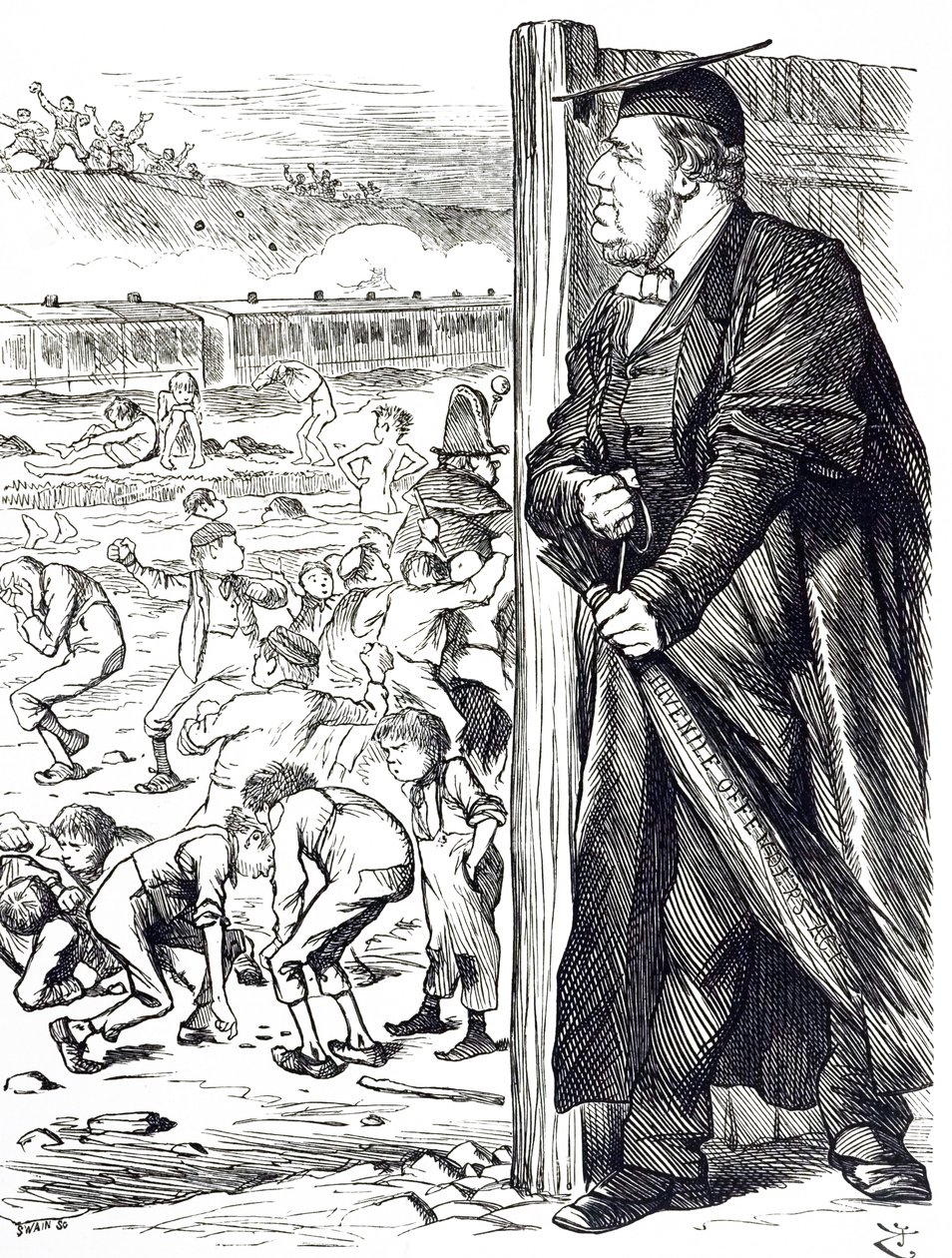 Sarjakuva William Vernon Harcourtista (1827-1904), joka sisäministerin aikana suositteli koivun käyttöönottoa alaikäisten rikoksentekijöiden pidätyksen sijaan. Kuvittanut John Tenniel (1820-1914), englantilainen kuvittaja, graafinen humoristi, tekijältä John Tenniel