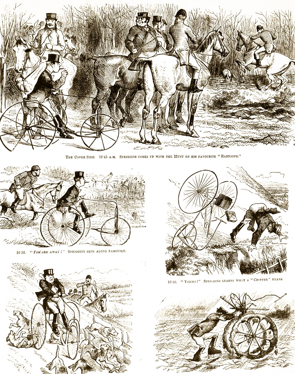 Sarjakuva, joka kuvaa miestä metsästämässä kolmipyörällä. Kuvittanut John Tenniel (1820-1914), englantilainen kuvittaja, graafinen humoristi ja poliittinen sarjakuvapiirtäjä tekijältä John Tenniel