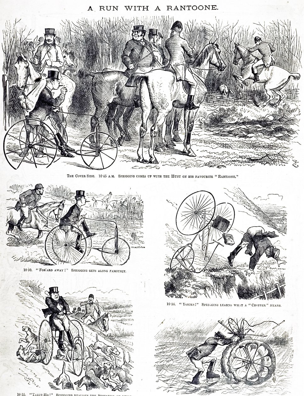 Sarjakuva, joka kuvaa miestä metsästämässä kolmipyörällä. Kuvittanut John Tenniel (1820-1914), englantilainen kuvittaja, graafinen humoristi ja poliittinen sarjakuvapiirtäjä tekijältä John Tenniel