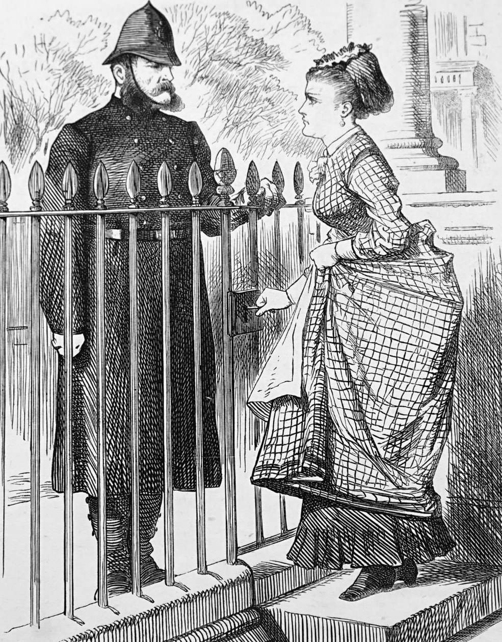 Poliisi puhuu nuoren naisen kanssa tekijältä John Tenniel