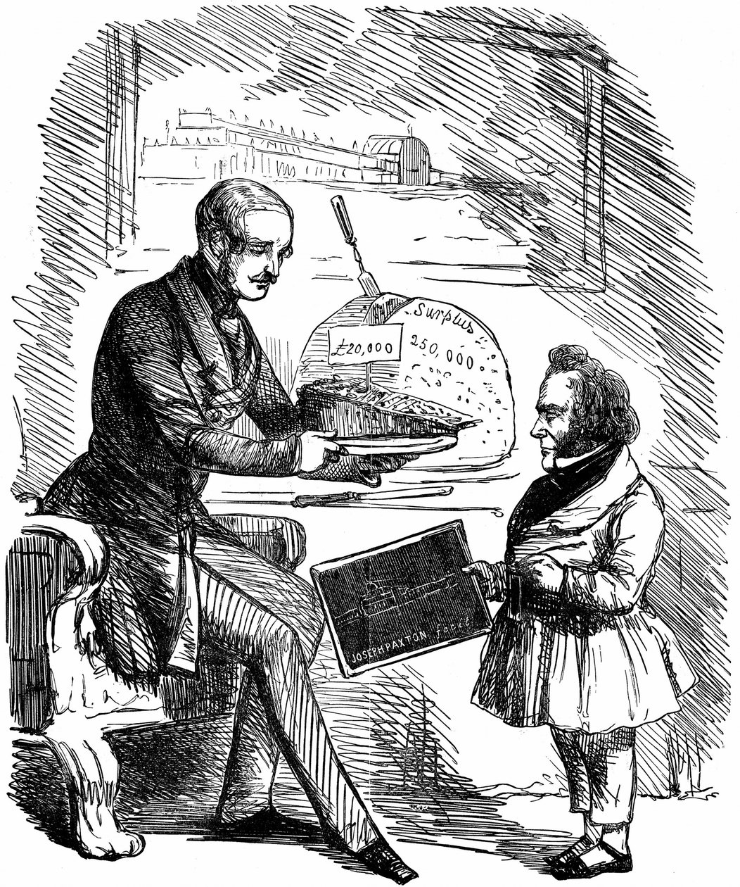 Albert, kuningatar Victorian prinssipuoliso, ojentaa Joseph Paxtonille, Crystal Palacen suunnittelijalle, 20 000 punnan siivu "Solid Puddingia" vuoden 1851 suuren näyttelyn ylijäämävaroista Hyde Parkissa Lontoossa. John Tenniel sarjakuva Punchista. Puukaiv tekijältä John Tenniel