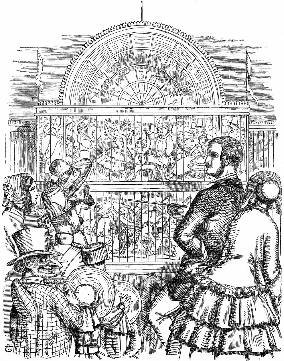 Albert, kuningatar Victorian prinssipuoliso, esittelee Crystal Palacea ja suurta näyttelyä Hyde Parkissa Lontoossa. John Tenniel sarjakuva Punch Londonista 1851. Puukaiverrus tekijältä John Tenniel