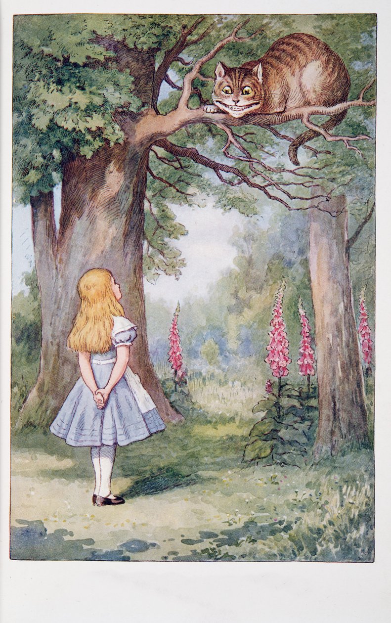 Lewis Carroll (1832 - 98), Liisa ja Cheshiren kissa, Alice Adventures in Wonderland ja lasin läpi ja mitä Alice löysi sieltä, julkaistu 1911 (värillinen litografia) tekijältä John Tenniel