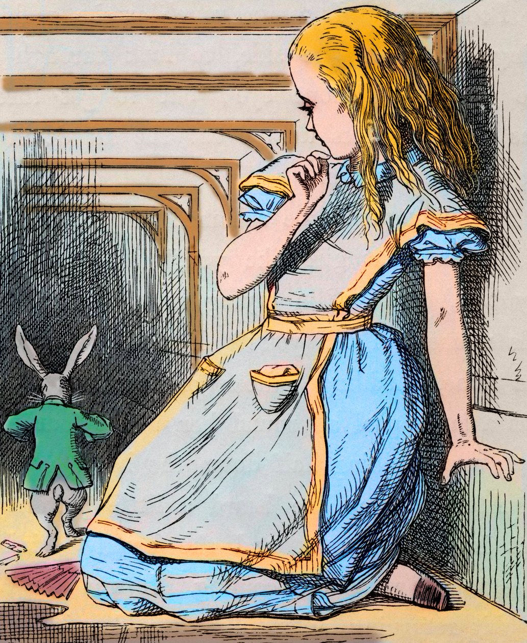 Liisa ja valkoinen kani. John Tennielin kuvitus Lewis Carrollin "Liisan seikkailut ihmemaassa" ensimmäisestä painoksesta, 1865 - Kuvitus Lewis Carrollin (Charles Lutwidge Dodgson) tarinalle "Liisa ihmemaassa" tekijältä John Tenniel