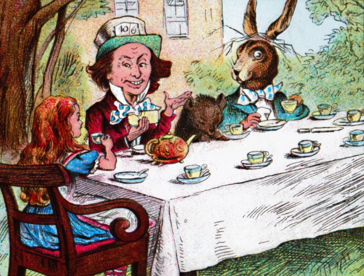 "Liisa hullun hatuntekijän teekutsuissa", vuodelta 1910 tekijältä John Tenniel