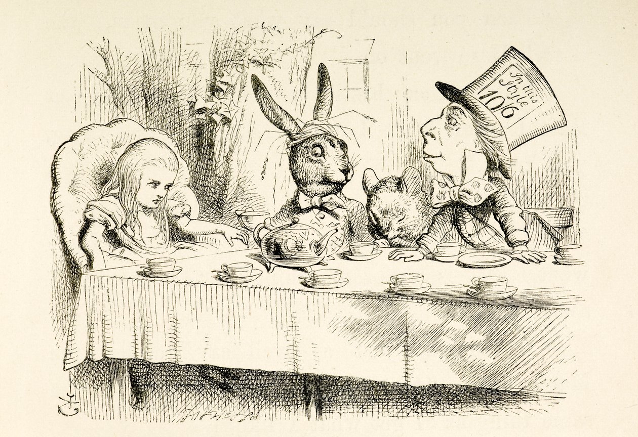 Liisa Hatuntekijän teejuhlissa. tekijältä John Tenniel