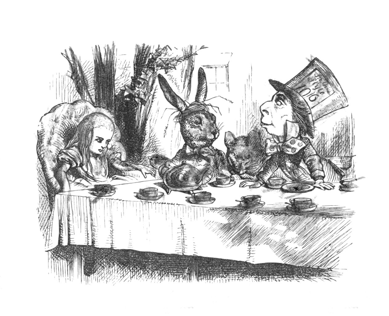 Liisa Mad Hatters -teejuhlissa, 1889 tekijältä John Tenniel