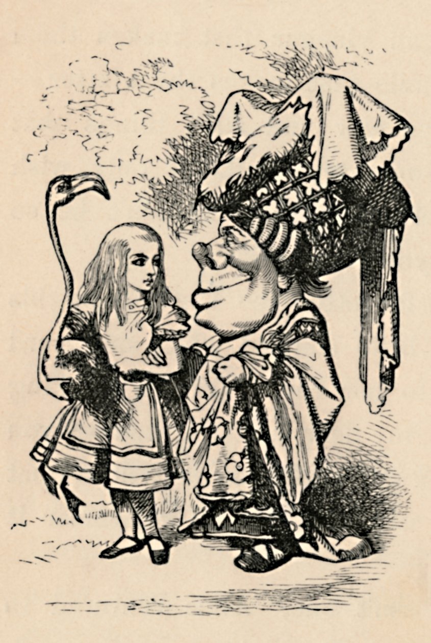 Liisa kantamassa haikaraa ja puhumassa herttuattaren kanssa, 1889 tekijältä John Tenniel