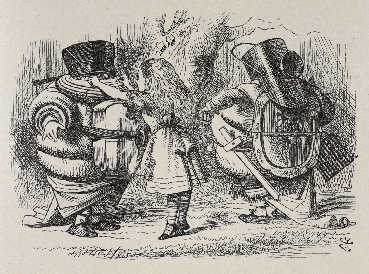 Alice pukee Tweedledeen ja Tweedledumin. tekijältä John Tenniel