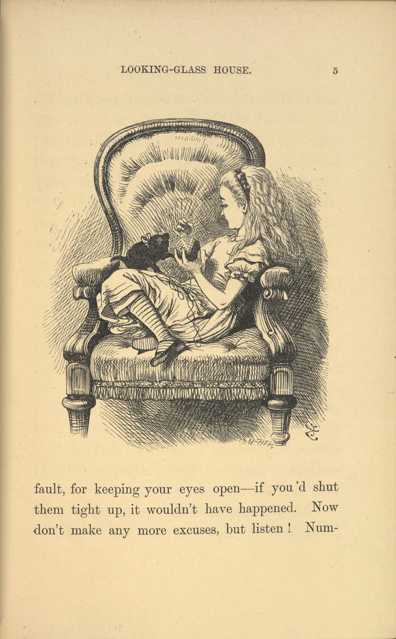 Liisa istuu tuolilla leikkimässä kissanpennun kanssa. tekijältä John Tenniel