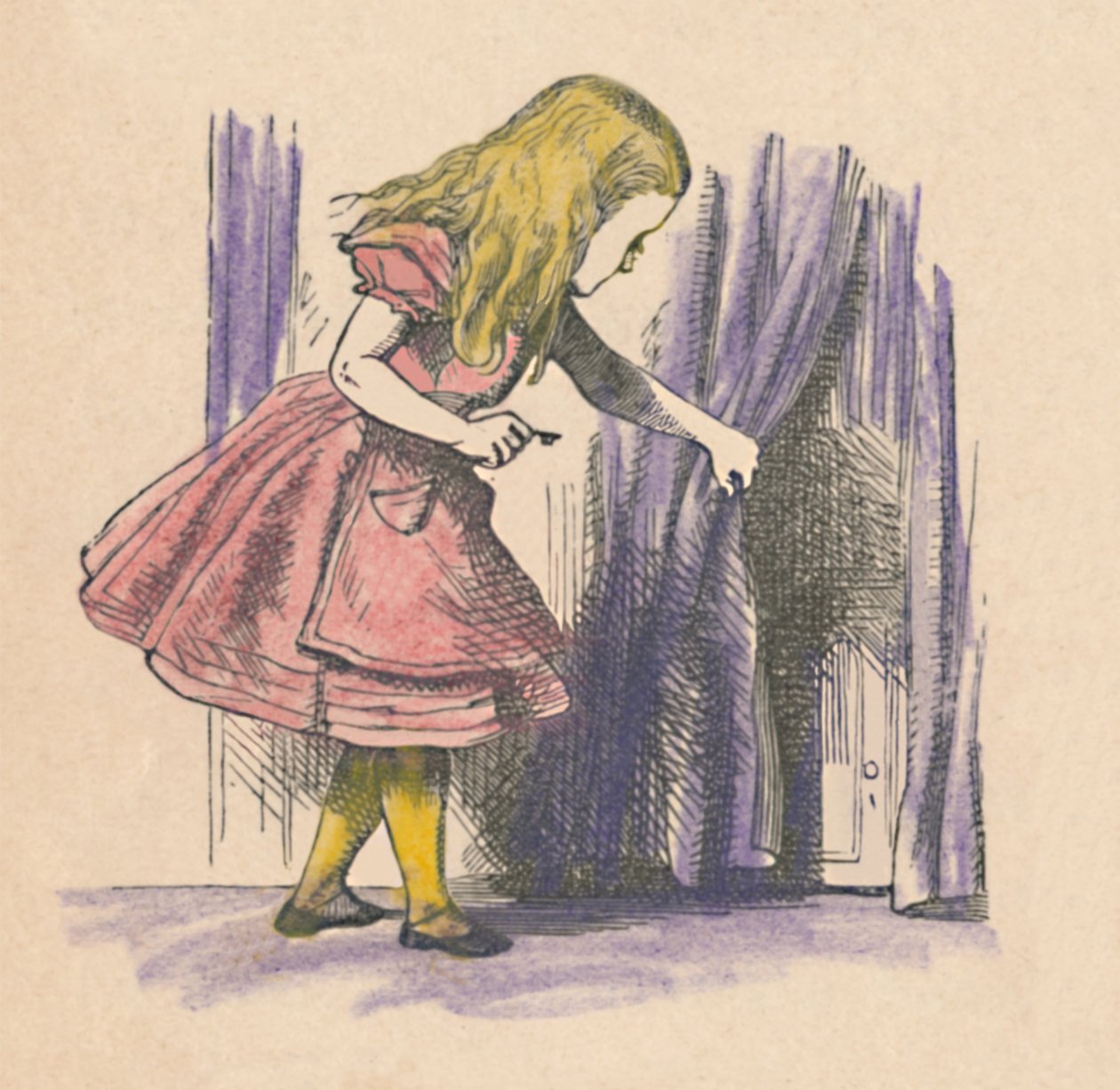 Alice katselee pientä ovea verhon takana, 1889 tekijältä John Tenniel