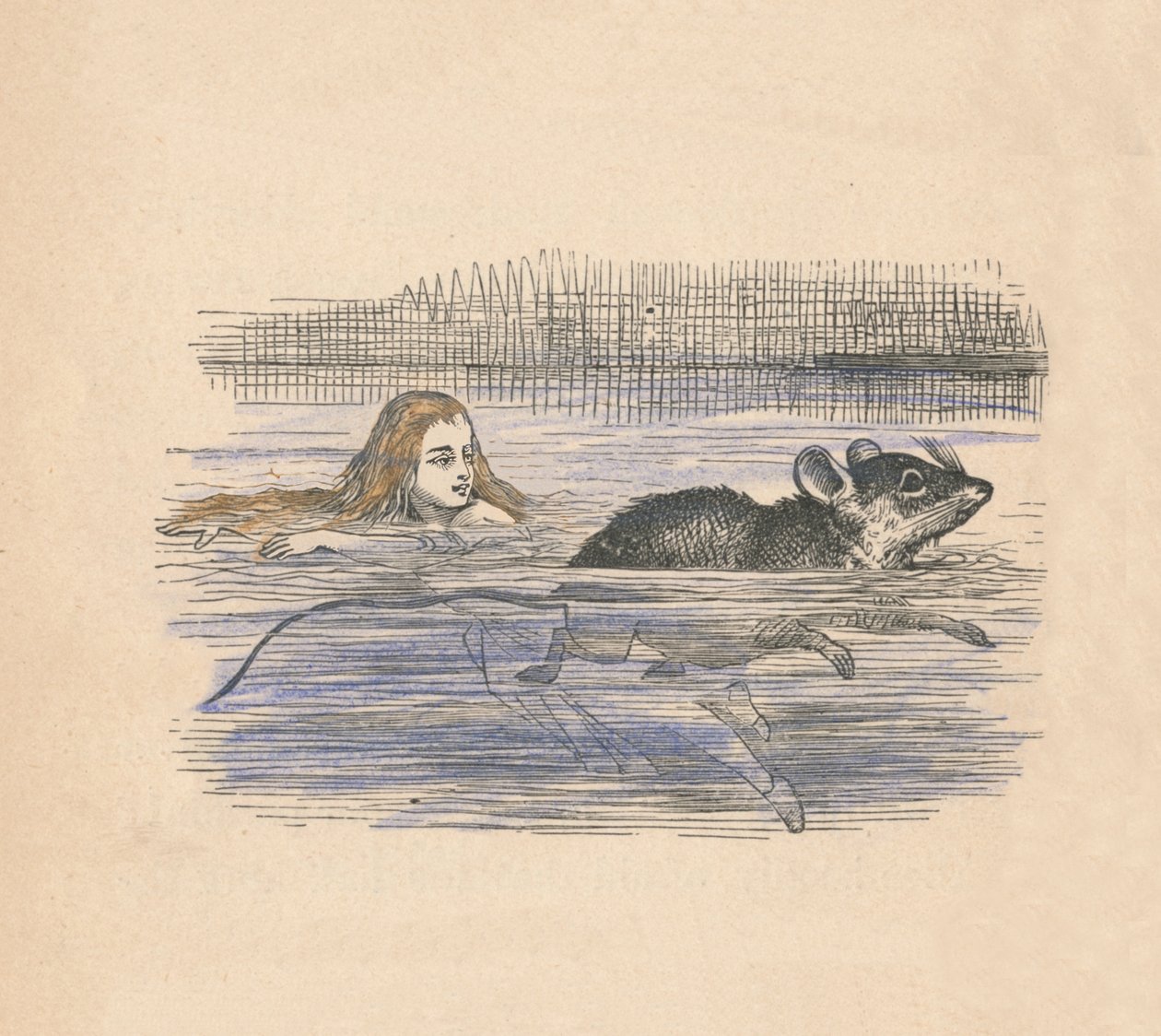 Liisa uimassa hiiren kanssa altaassa, 1889 tekijältä John Tenniel